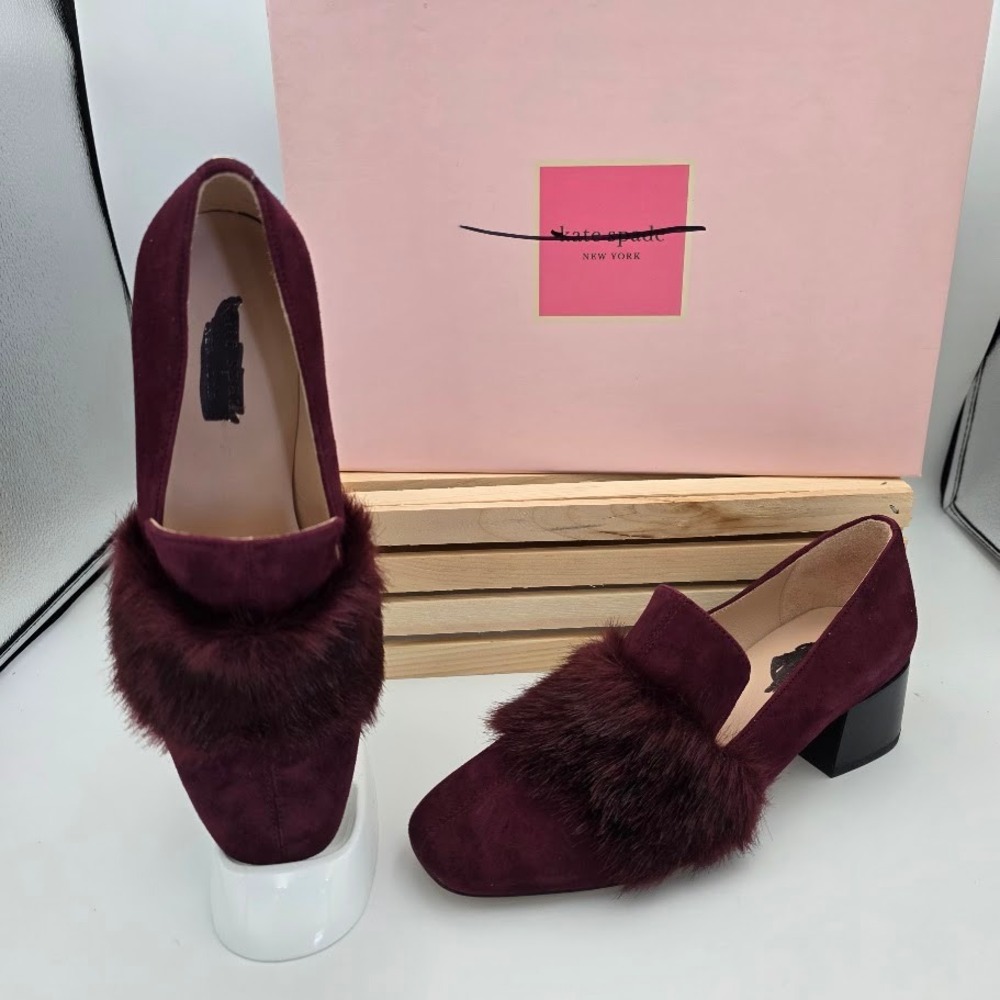 Kate Spade Gama Loafers Women 5.5 Cherrywood Suede Faux Fur Block Heel S3150010